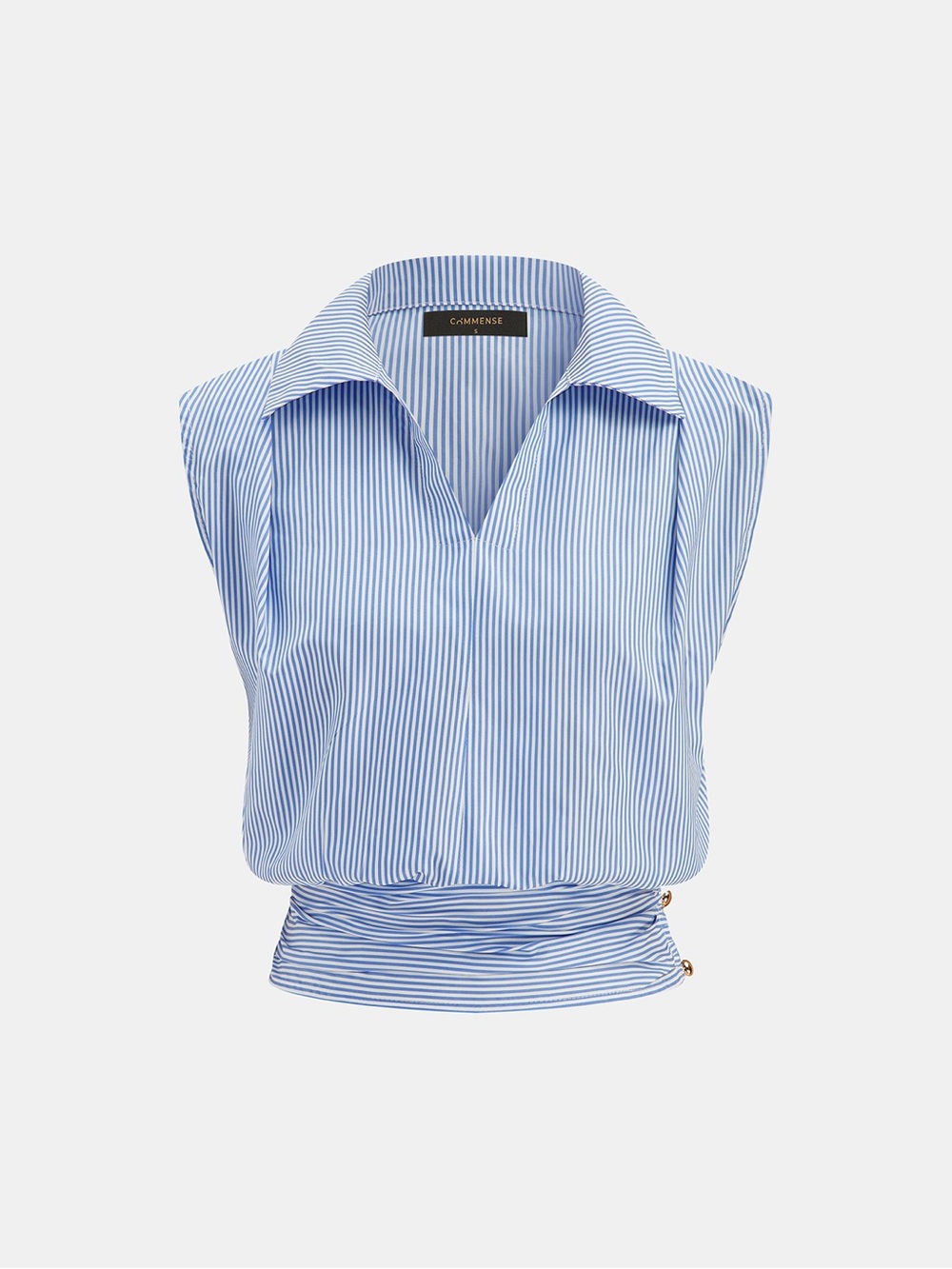 Striped Collared Sleeveless Cinched Blouse